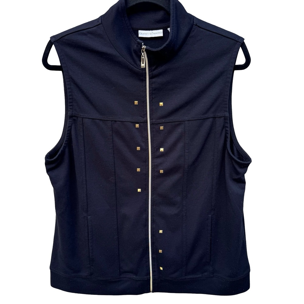 Drapers & Damons Preppy Nautical Layering Zip Vest Gold Stud Mock Neck Womens M